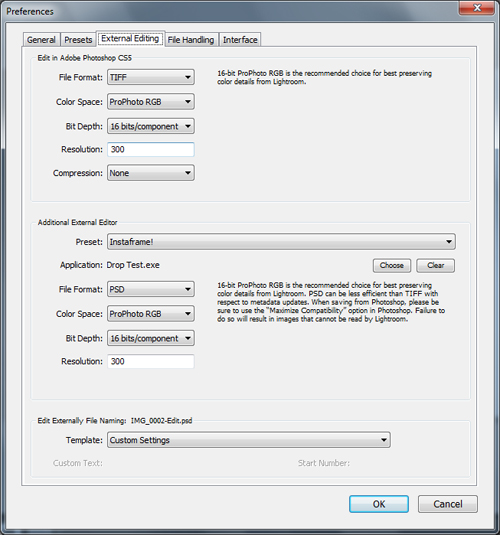 settings for preferences for export/import to lightroom