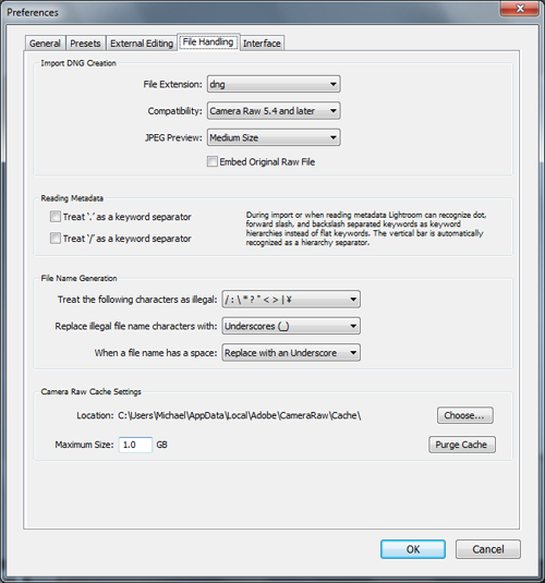 settings for file handling tab