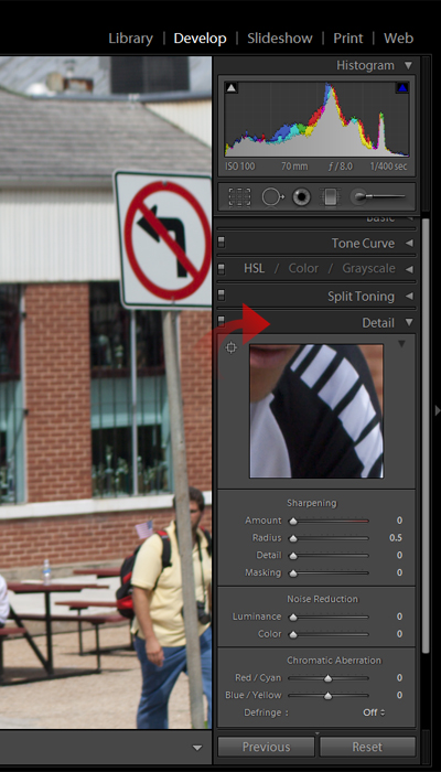 Lightroom's Develop Module showing where the Detail dropdown is