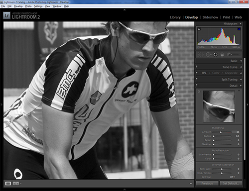 Black and white photography of a cyclist using the Strength slider for a sharpening effect in Lightroom