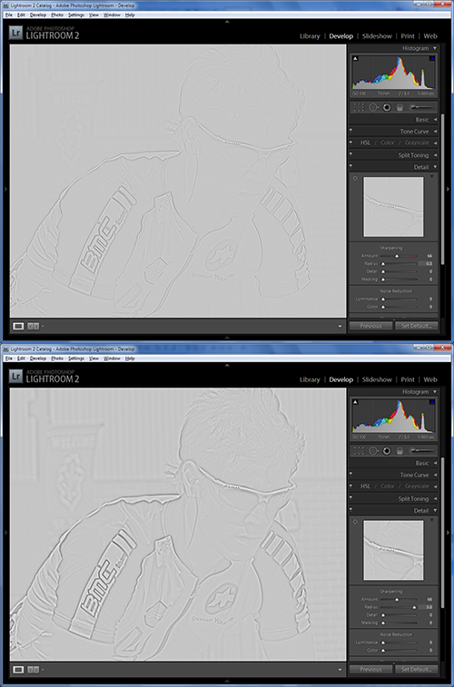 Radius slider in action while sharpening in Lightroom