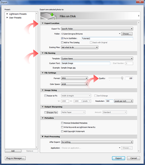 Export dialogue panel showing Export Location and File Naming Information