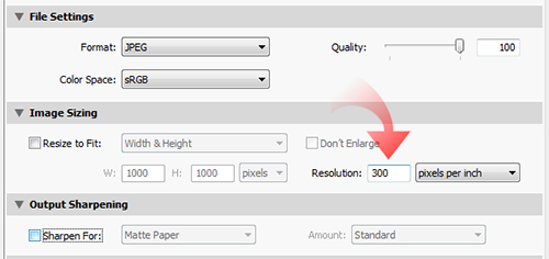 Image Sizing option with Resolution set to 300 pixels per inch