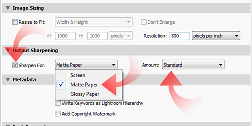 Output Sharpening tab selected sharpening for Matte Paper and Standard