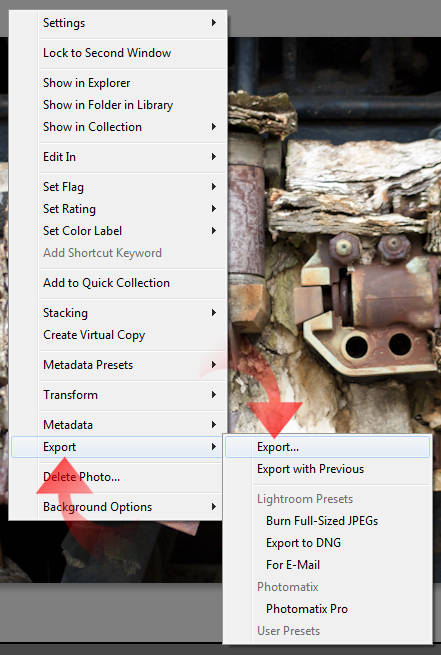 Locate Export on the contextual menu in Lightroom