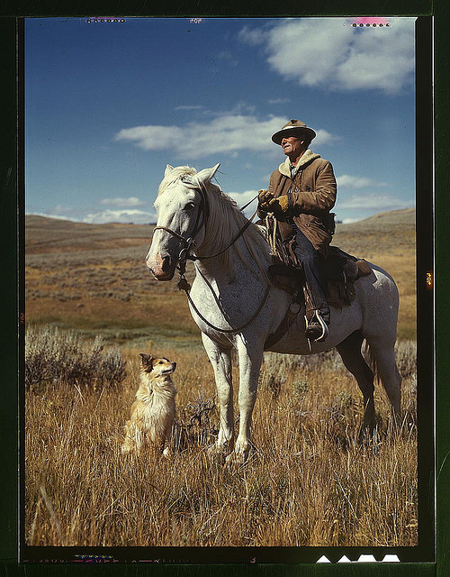 Shepherd with his horse and dog on Gravelly Range. Russell Lee. 1942. Shot on Kodachrome