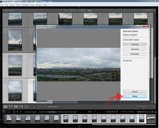 Auto cropping and the merge button in Lightroom CC