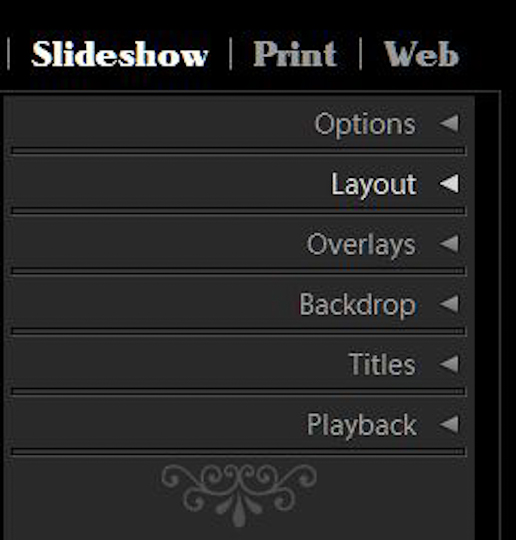 Lightroom Slideshow dropdown menu