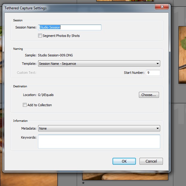 settings pop up for tethered shooting