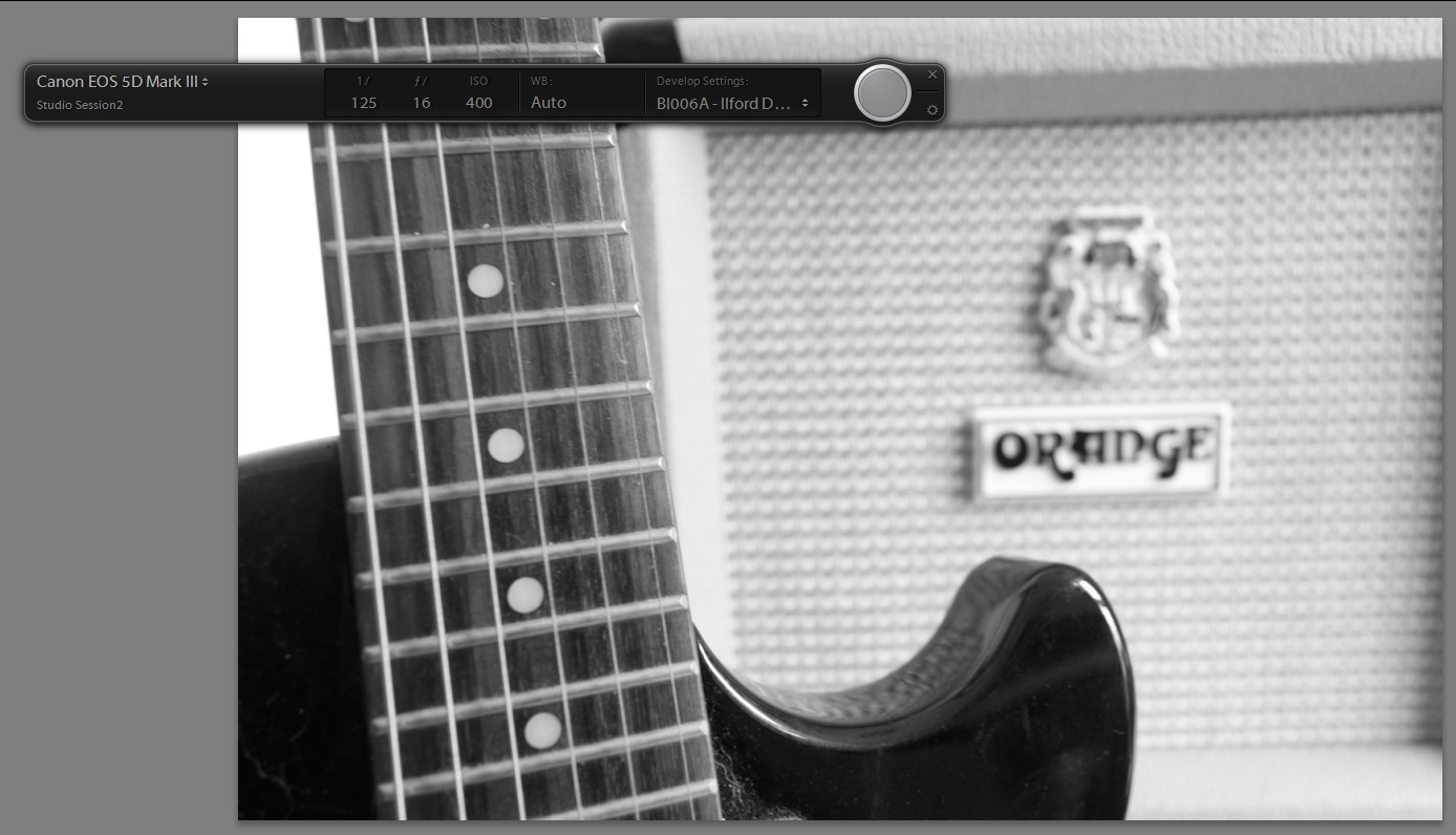 guitar and amp processed with x-equals preset Ilford Delta 400 Pro Mix